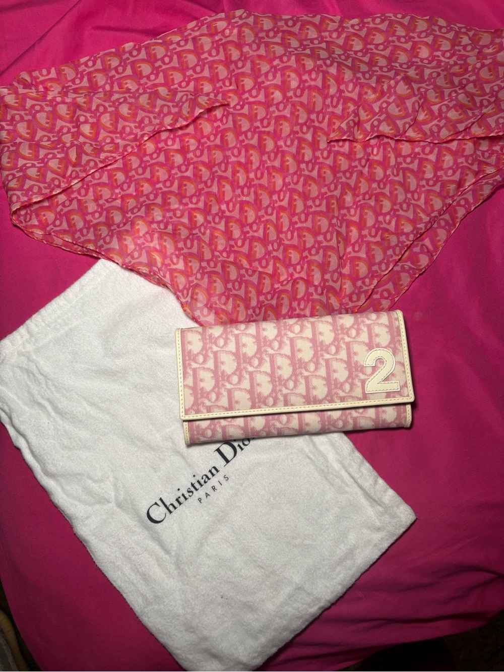Dior Pink Oblique Trifold Wallet with Cream Trim .vintage Dior scarf